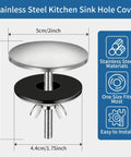 Heavy Duty 2 Inch Sink Hole Cover featuring a tight leak proof seal for kitchen and bathroom faucets, slick stainless steel design.