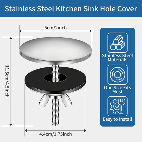 Heavy Duty 2 Inch Sink Hole Cover featuring a tight leak proof seal for kitchen and bathroom faucets, slick stainless steel design.