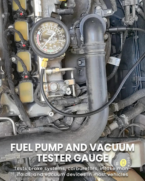 Vacuum gauge installed on car engine; round black dial with white numbers