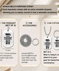 Never Underestimate A Grandpa RV Dog Tag Keychain Matching Set with stainless steel pendants, 23-inch chain, and split ring