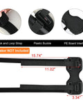 Adjustable Strap Speaker Mount For Bike, Golf Cart, And Boat Rails, showing hook, buckle, and PE board interlayer, dimensions labeled