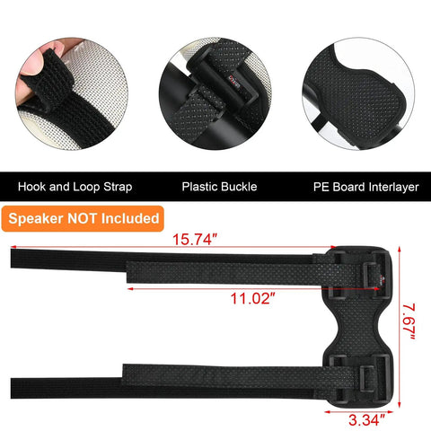 Adjustable Strap Speaker Mount For Bike, Golf Cart, And Boat Rails, showing hook, buckle, and PE board interlayer, dimensions labeled