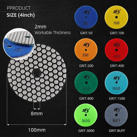 Pro Grade Diamond Polishing Pads Set 9 Pcs 4 Inch 100mm Dry N Wet Polishing Pads with grit levels displayed for stone countertops