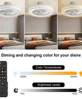 Bladeless 20 Inch Flush Mount Ceiling Fan With Remote Control, 72W, showing three color temperatures and remote control in bedroom.