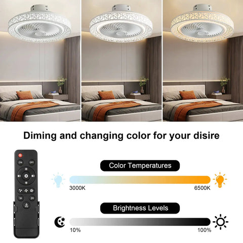 Bladeless 20 Inch Flush Mount Ceiling Fan With Remote Control, 72W, showing three color temperatures and remote control in bedroom.