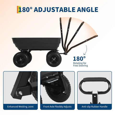 Heavy Duty Garden Dump Cart With Quick Release Dump 180 Degree Tilt And 10 Inch Flat Free All Terrain Wheels shown tilting