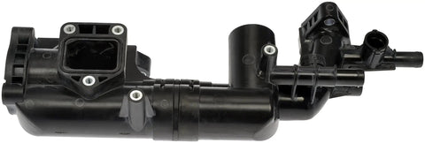 Top Shelf Dead On Heavy Duty Engine Coolant Thermostat Housing showing black plastic material, designed for Hyundai Kia models, side view.