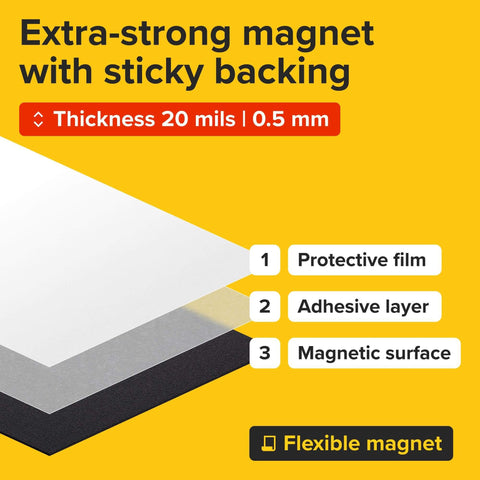 Self-Stick Magnetic Sheets Pack Of 10 With No Mess Adhesive, showing protective film, adhesive layer, and magnetic surface.