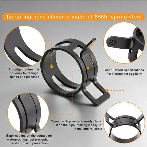 Close-up of 352 Piece Spring Band Hose Clamps Kit 6 To 25mm with specifications and corrosion-resistant coating details.
