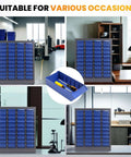 Beefy Heavy Duty Small Parts Storage Organizer With 40 Blue ABS Drawers, various views in workshop and garage settings.