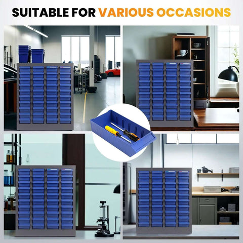 Beefy Heavy Duty Small Parts Storage Organizer With 40 Blue ABS Drawers, various views in workshop and garage settings.