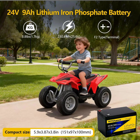 Child riding toy using a 24V 9Ah LiFePO4 Deep Cycle Battery with Built In 30A BMS for lighting, scooters, ride on toys, UPS.