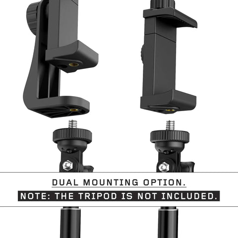 Dual mounting option for Phone Tripod Mount With Wireless Remote And Adjustable Clamp, shown without tripod
