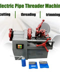 Heavy Duty Electric Pipe Threader For Half To Two Inch Npt Metal Pipes with red lever handles and blue cast iron dies.