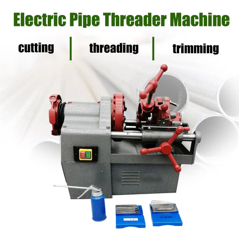 Heavy Duty Electric Pipe Threader For Half To Two Inch Npt Metal Pipes with red lever handles and blue cast iron dies.