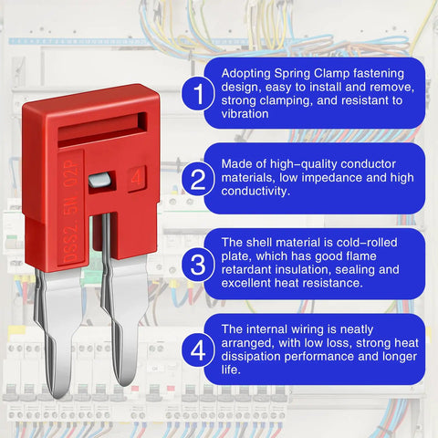 20 Pack 2 Pole DIN Rail Terminal Block Jumpers for DK2.5N and DK2.5N-BL, Press Fit DSS2.5N-02P Compatible, close-up view