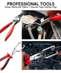 17-Piece Hose Clamp Pliers Set with red handles used for auto repair on engine hoses, featuring angled and swivel jaw tools.