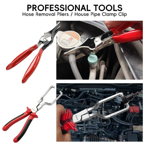 17-Piece Hose Clamp Pliers Set with red handles used for auto repair on engine hoses, featuring angled and swivel jaw tools.