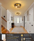 Farmhouse Wooden Flush Mount Ceiling Light With Clear Glass Shade in a hallway above a staircase and entryway.
