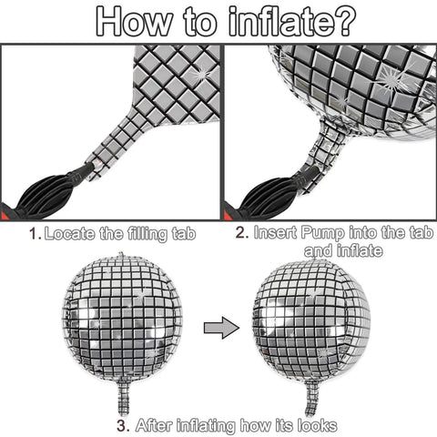 Inflation guide for massive 22 inch metallic silver disco balloons with star accents 9 pack for themed parties and celebrations.