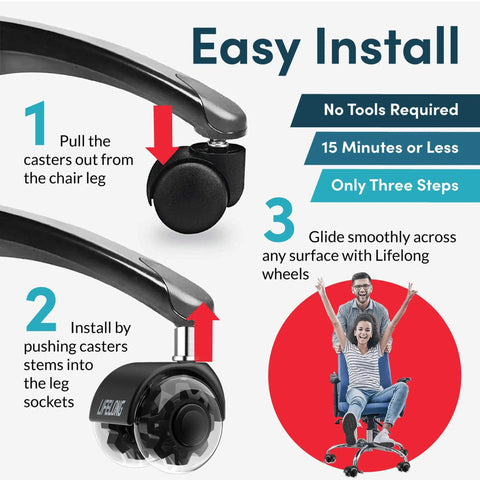 Installation steps for Heavy Duty Office Chair Casters Set Of 5 Replacement Wheels For Hardwood Floors And Carpet