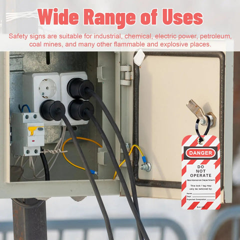 Heavy Duty Lockout Tagout Tags Reusable Do Not Operate Labels For Industrial Jobsite Maintenance Featuring Tough Metal And Pvc Build attached to an electrical box.