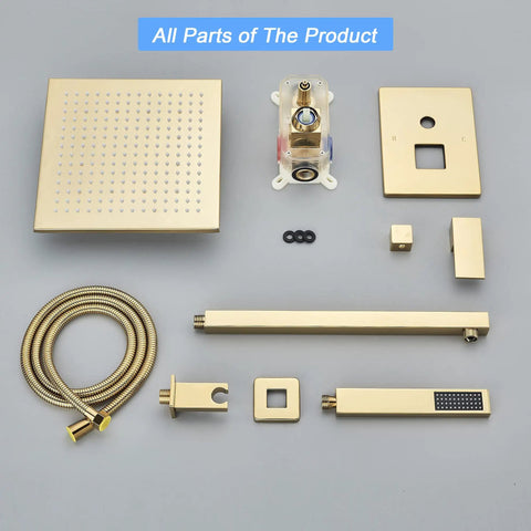 Gold Shower System With 10 Inch Brass Rain Shower Head And Handheld, Wall Mounted Luxury Bath Mixer components layout.