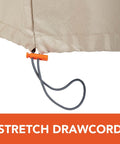 Close-up of stretch drawcord on Beefy Weatherproof Outdoor Loveseat Cover, All Weather Patio Furniture Protector In Gray Atmosphere.