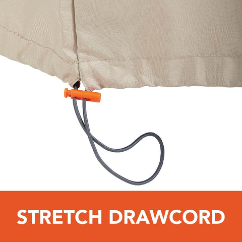 Close-up of stretch drawcord on Beefy Weatherproof Outdoor Loveseat Cover, All Weather Patio Furniture Protector In Gray Atmosphere.
