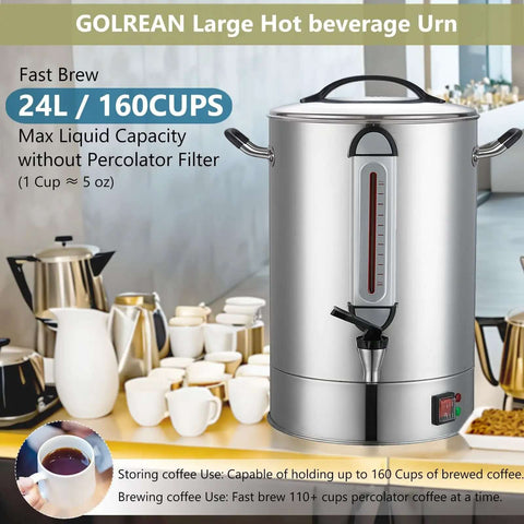 Heavy Duty 24L Commercial Coffee Urn With Quick Brew Dispenser For Catering And Events, 160 Cup Capacity Stainless Steel