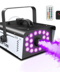 Powerful 1200W Fog Machine With 18 Bright LED Lights And Remote for indoor or outdoor parties and stage shows, emitting purple smoke.