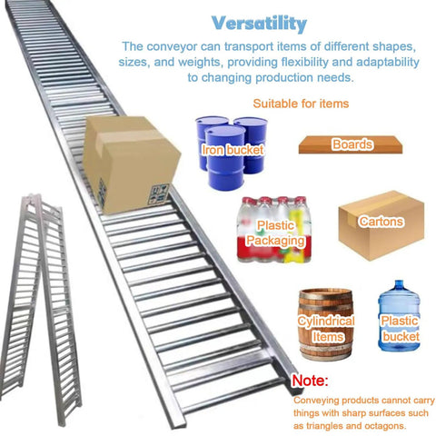 Adjustable 10-19ft Light-Duty Roller Conveyor That Is Foldable And Splicable For Warehouses Factories Docks And Supermarkets, showing versatility with packages and containers.