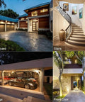 Exterior view of a modern home with a courtyard, stairs, garage, and front door, ideal for Motion Sensor Light Bulbs 4 Pack Dope 12W 100W