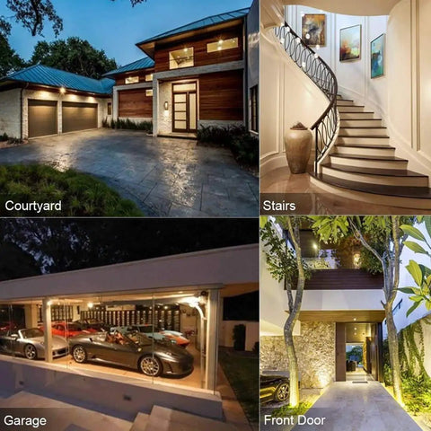 Exterior view of a modern home with a courtyard, stairs, garage, and front door, ideal for Motion Sensor Light Bulbs 4 Pack Dope 12W 100W