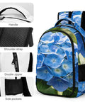 Hydrangea Bloom Printed Backpack For Men And Women Large Capacity Durable Polyester School Travel Bag with breathable strap, handle, zipper, and pocket details.