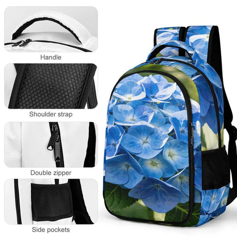 Hydrangea Bloom Printed Backpack For Men And Women Large Capacity Durable Polyester School Travel Bag with breathable strap, handle, zipper, and pocket details.
