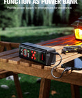 Portable Tire Inflator With Color LED Screen, 12V Car Air Pump used as power bank on wooden table outdoors