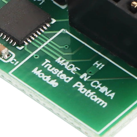 Close-up of TPM 2.0 Security Module With 10 Pin SPI Interface Infineon SLB 9670 for AOM 9670H Trusted Platform, circuit board detail