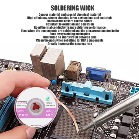 High Efficiency Copper Desoldering Wick Braids Kit, 5 Pack, 2mm Width, 4.9ft Length Each, Ideal For PCB Cleaning And BGA Rework