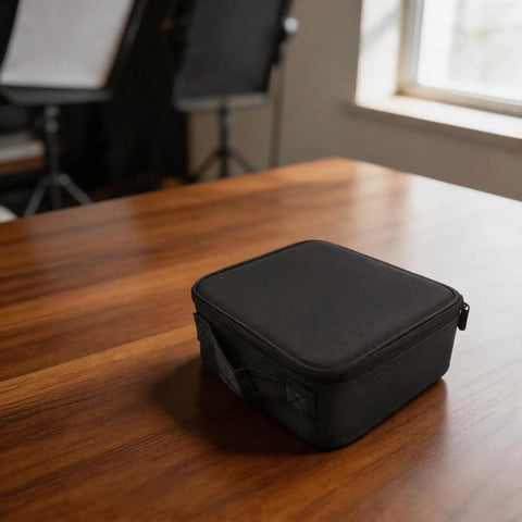 Telescope Accessory Storage Bag With Removable Dividers In Tough Oxford Cloth closed on a wooden table for small gear.
