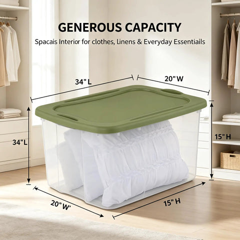 120 Qt Big Boy Storage Bin, Clear Plastic Tote With Green Lid, showing storage of blankets inside, dimensions 34"L x 20"W x 15"H.