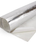 Reflective Aluminum Mylar Heat Shield Mat 36 By 40 Inches with High Temp Adhesive, Easy Peel and Stick, rolled corner view