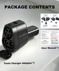 High End 2 In 1 Ccs To Nacs And J1772 To Tesla Adapter showing charger, user manual, and packaging details.