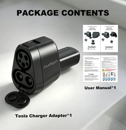 High End 2 In 1 Ccs To Nacs And J1772 To Tesla Adapter showing charger, user manual, and packaging details.