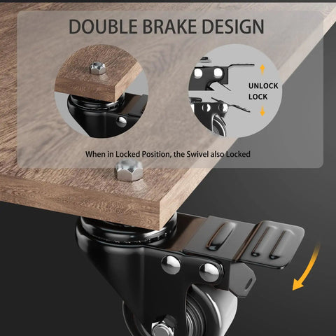 Built Tough Heavy Duty Two Inch Stem Caster Wheels Set Of Four With Six Hundred Pound Capacity Threaded Stem Quarter Inch By One Inch Dual Locking Brakes Industrial Castors For Cart And Furniture Includes Nuts Washers And Wrenches, shown with double brake design and locking mechanism.
