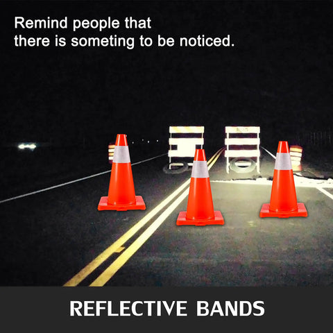 Night view of 20 Pack 18 Inch Orange Traffic Cones With Reflective Collars And Durable PVC Base Perfect For Construction Sites Road Work