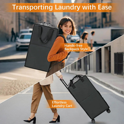 Big Ol 90L Rolling Laundry Backpack With Wheels 3 In 1 Freestanding Laundry Basket And Collapsible Hamper Easy Carry Wheeled Cart in use
