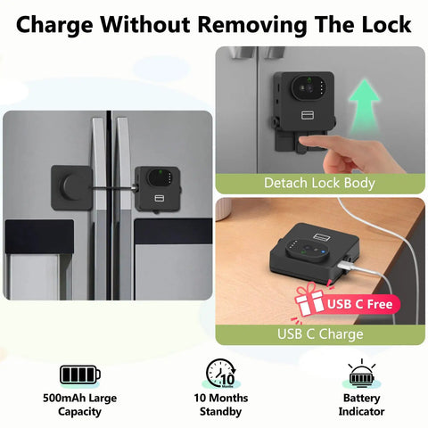Palm Vein Fridge Lock With App Control, USB charging, fits French door freezers, child and pet safe, shown on and off a fridge