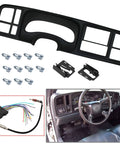 Double Din Dash Kit With Wiring Harness And Antenna Adapter For 1999 To 2002 GM Full Size Trucks And SUVs Silverado Sierra Plug And Play Dash Bezel Cover Kit For Easy Car Stereo Install, includes bezel, harness, clips, and installation view.