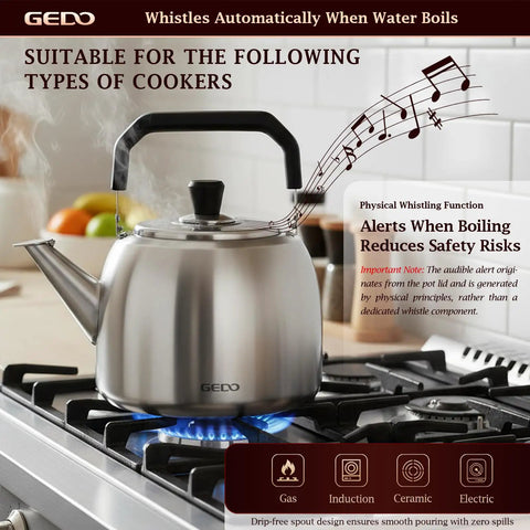 Stainless Steel Whistling Tea Kettle For Gas And Induction Stovetops, 304 Food Grade, Large 4L Capacity on gas stove